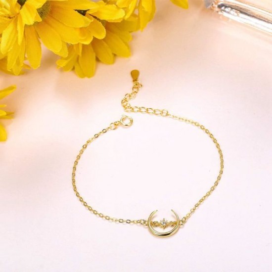 14K Gold Plated Moon Bracelet 925 Sterling Silver Crescent Moon Star Charm Bracelet Gift For Women 14K Gold Plated Moon Bracelet 925 Sterling Silver Crescent Moon Star Charm Bracelet Gift For Women